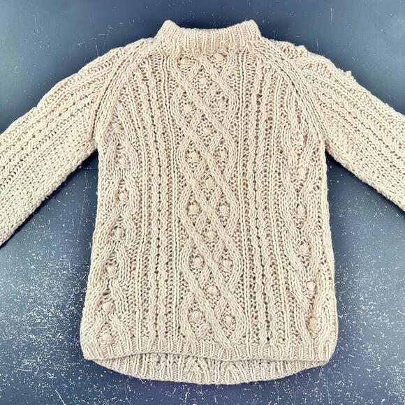 VTG Handmade Wool Sweater Womens LRG Ivory Fisherman Cable Knit Raglan Italy EUC - Picture 3 of 7
